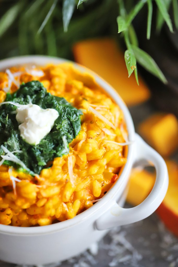 Kürbisrisotto mit Spinat & Frischkäse