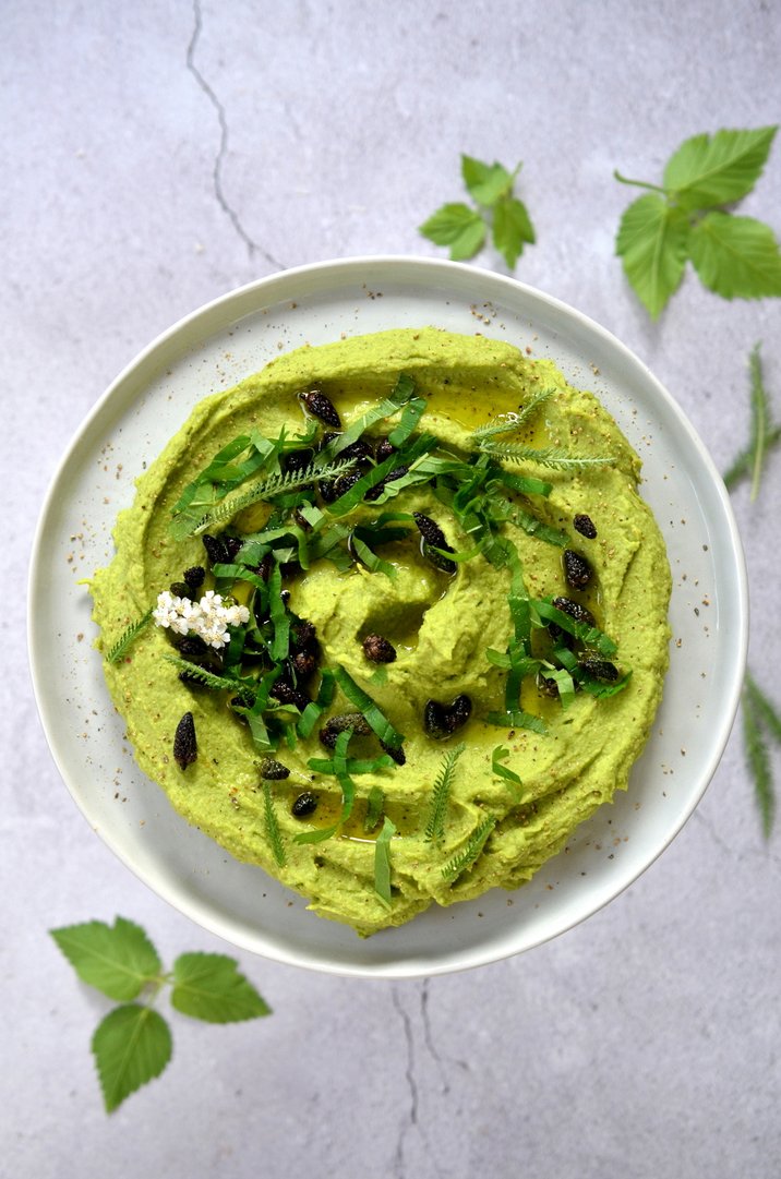 Avocado-Wildkräuter-Hummus mit Spitzwegerichknospen
