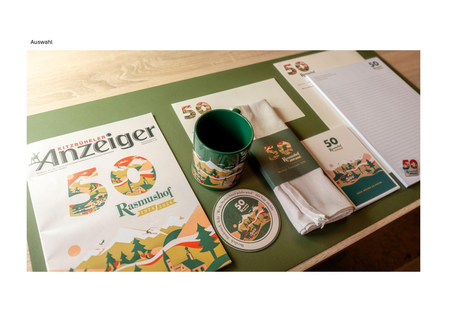 Drucksorten und Merchandise anlässlich 50 Jahre Rasmushof